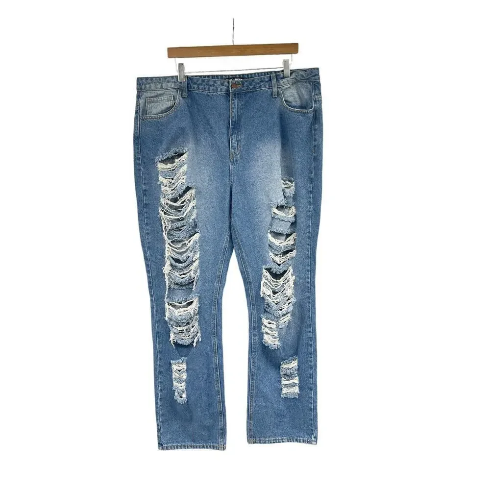 Fashion Nova Destroyed Distressed Straight Leg Jeans Cotton Womens 14